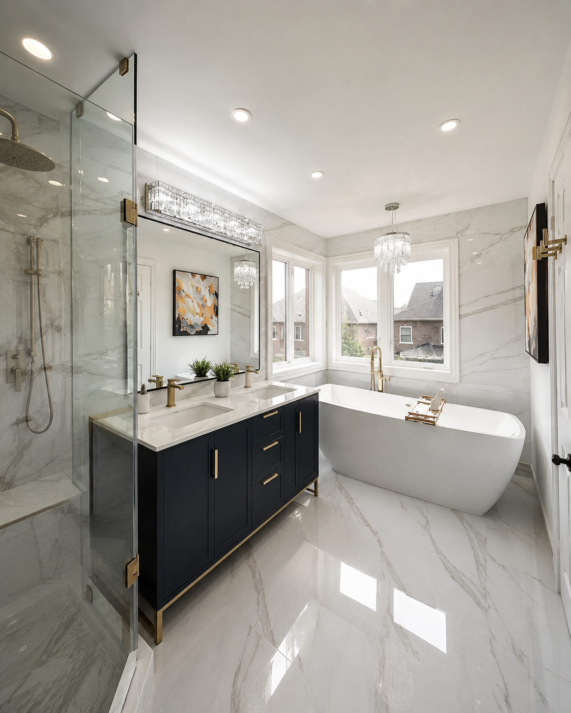 Marble bathroom with a navy double vanity, brass fixtures, freestanding tub, and glass shower