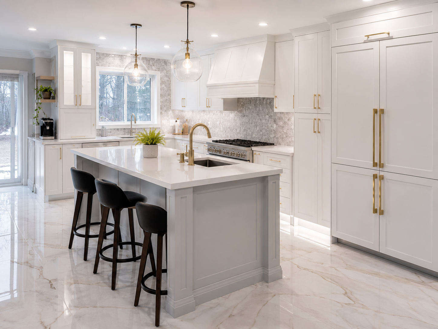 Bright kitchen with white shaker cabinetry, a grey island with seating, brass hardware, and polished marble flooring