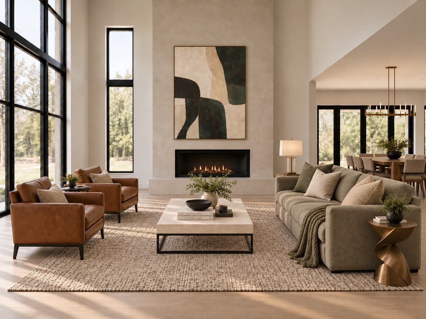 Finished great room after styling with tan leather armchairs, a sage sofa, layered rugs, artwork, and a travertine coffee table