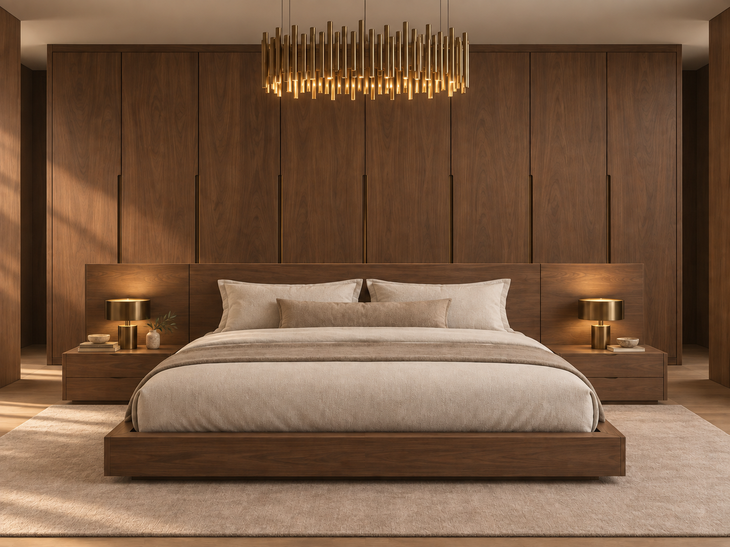Warm walnut bedroom with integrated full-height closets, a low platform bed dressed in cream bedding, brass bedside lamps, and a sculptural gold rod chandelier