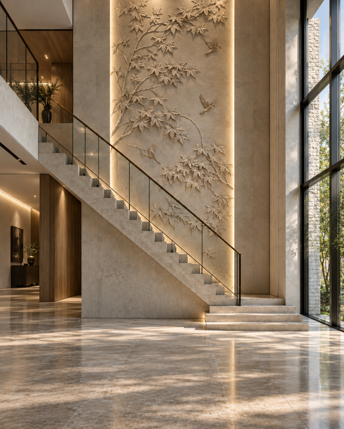 Editorial inspiration featuring a sculptural botanical feature wall rising beside a floating stone staircase in a light-filled foyer