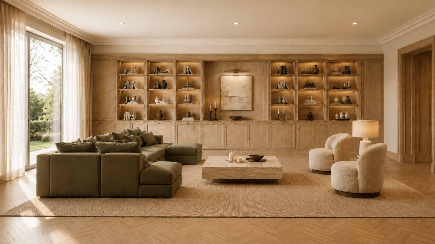 Living room with full-height light oak library millwork, olive sectional, and herringbone flooring