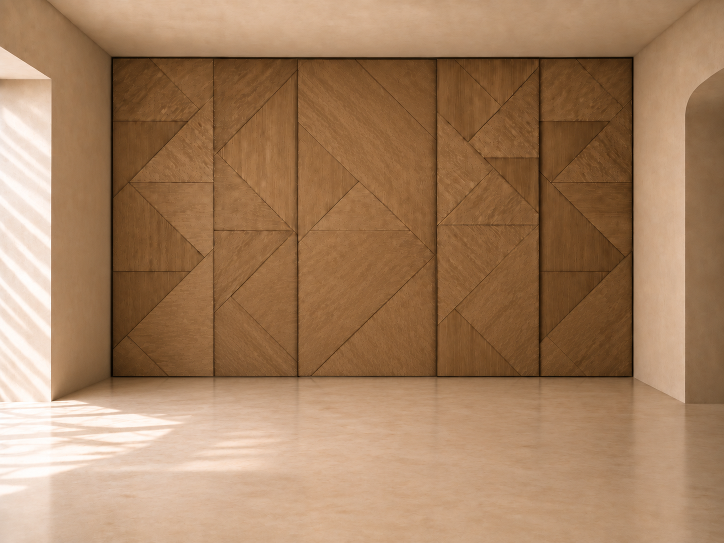 Floor-to-ceiling walnut wall with mitred diagonal grain panels and slim dark reveals