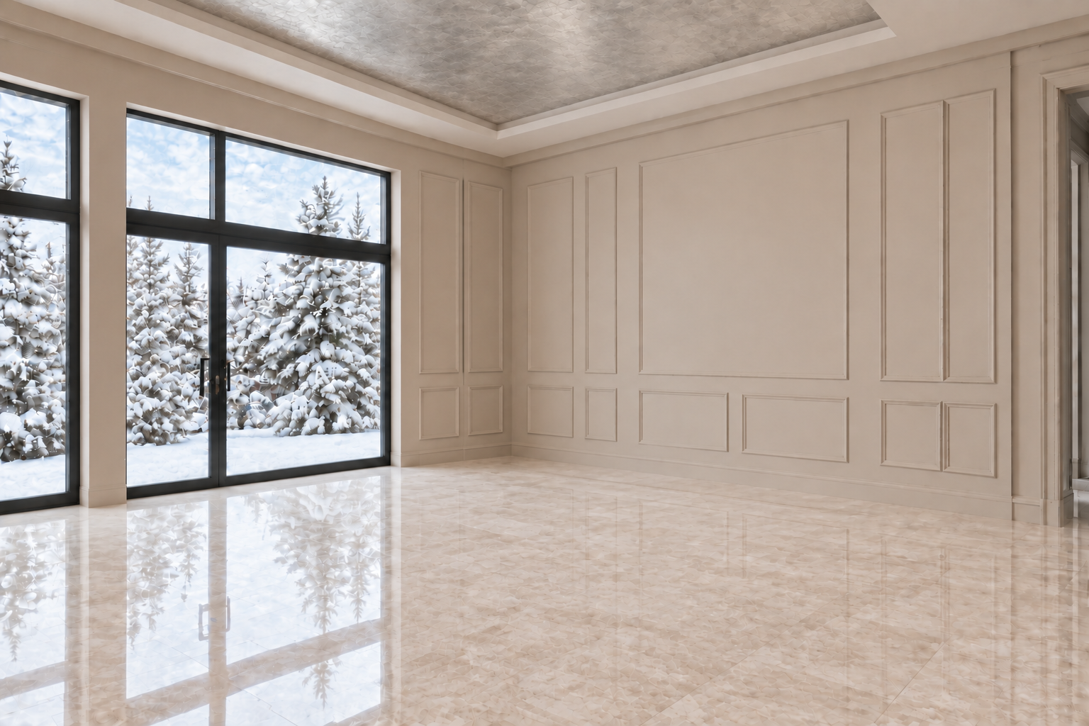 Unfurnished ivory panelled dining room after the remodel with black-framed windows and snowy garden views
