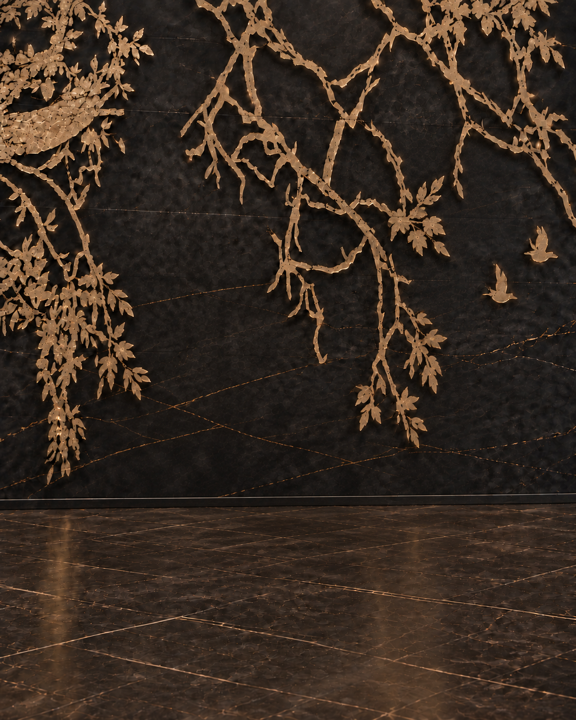 Editorial inspiration featuring a commanding dark wall with a sculptural gold metallic branch-and-bird relief installation over a polished dark floor with golden diamond-grid inlay