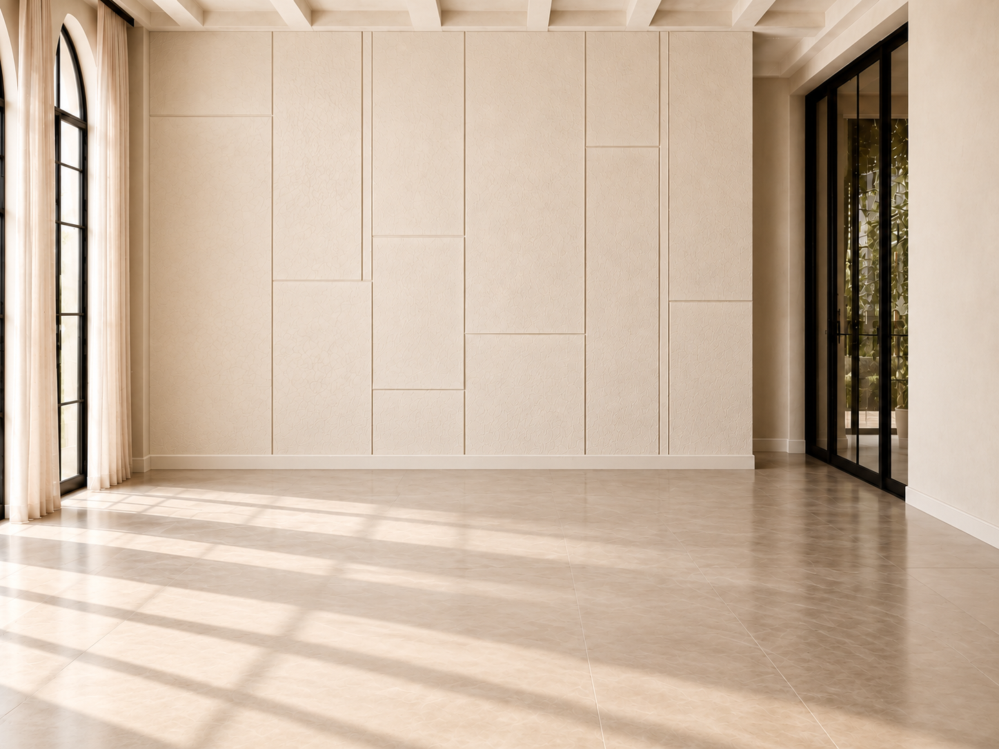 Ivory room with a full-height dimensional panelled wall, arched steel windows, and travertine floors