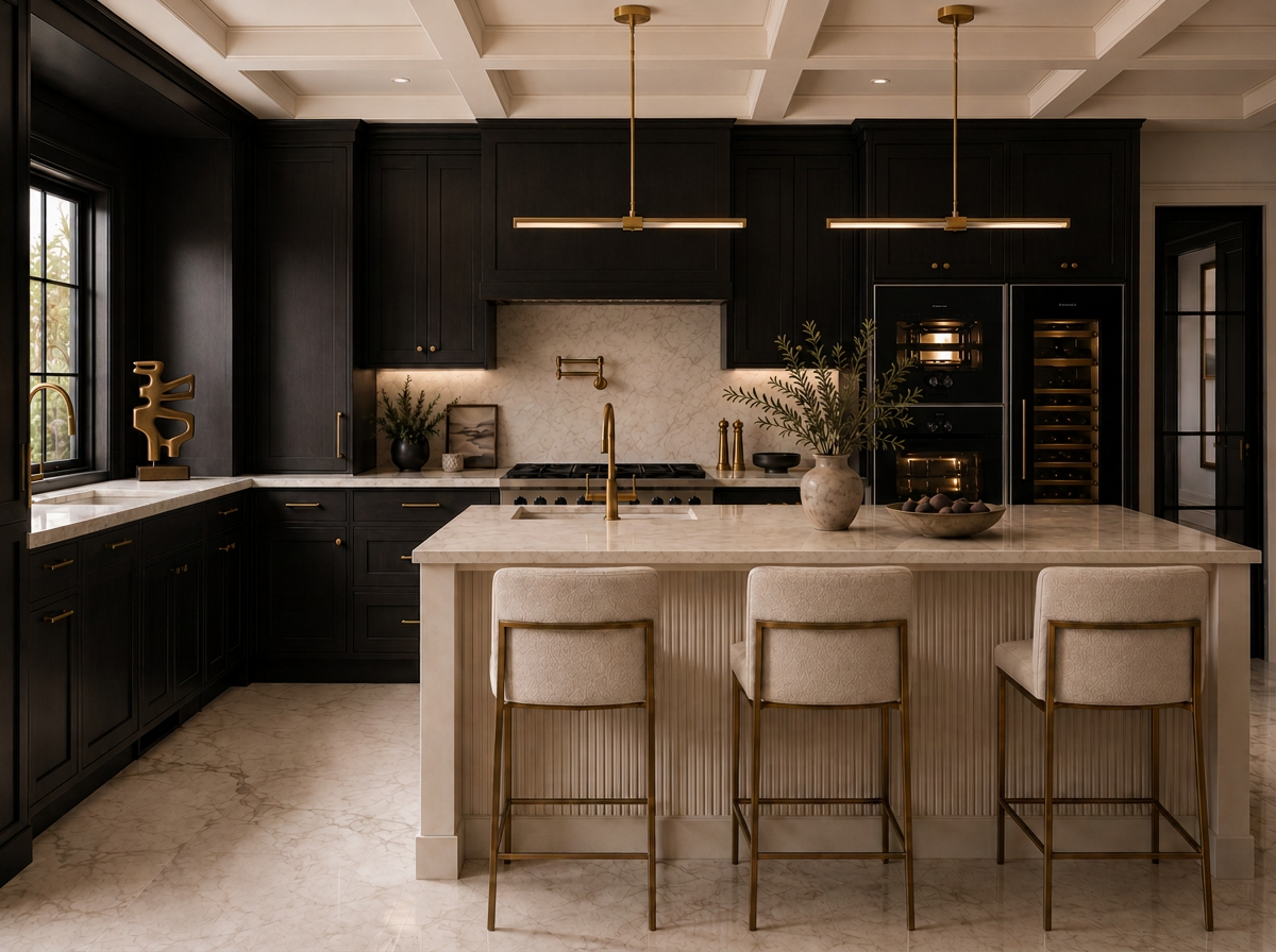 Dark lacquer kitchen with a light stone island, fluted detailing, and restrained brass accents