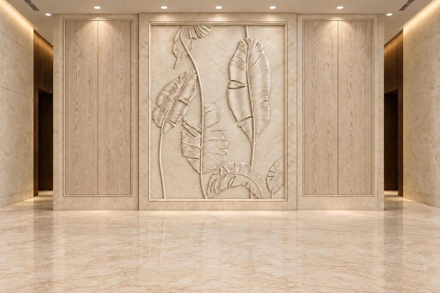 Unfurnished hospitality lobby with sculptural botanical relief panels, pale wood millwork, and warm architectural lighting
