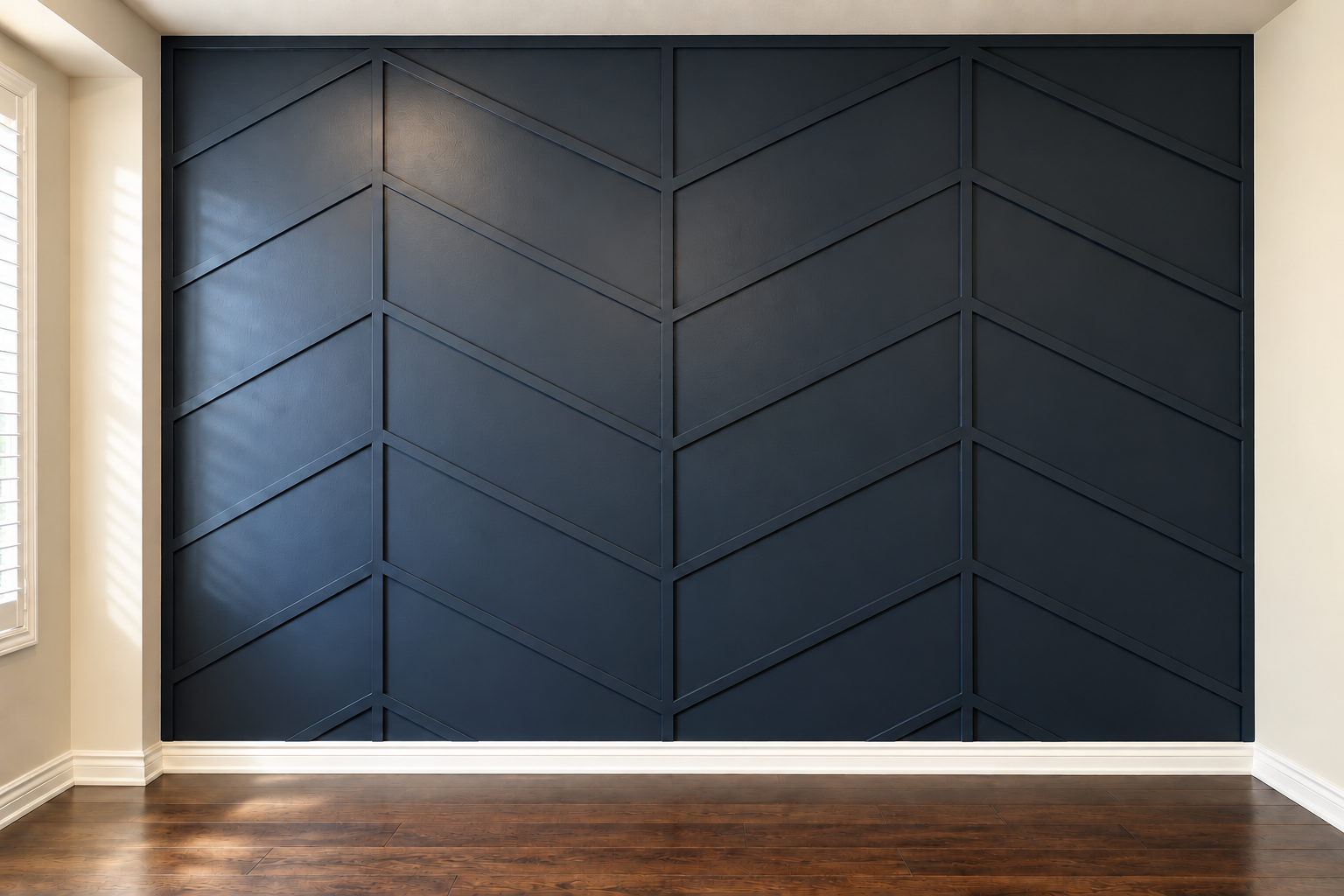 Unfurnished Campbell room with a deep charcoal geometric panelled feature wall after the build
