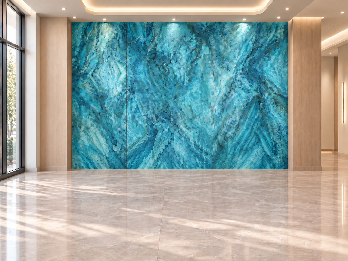 Editorial inspiration featuring a large blue marbled feature wall in a light-filled commercial interior