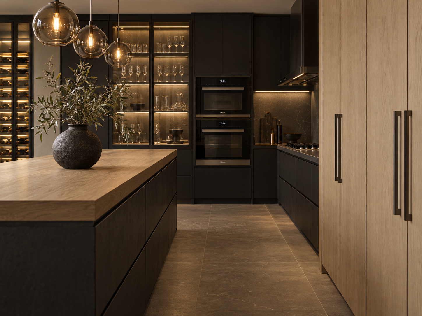 Modern dark kitchen with matte black cabinetry, light oak island top, glass globe pendants, and an olive branch in a textured vase