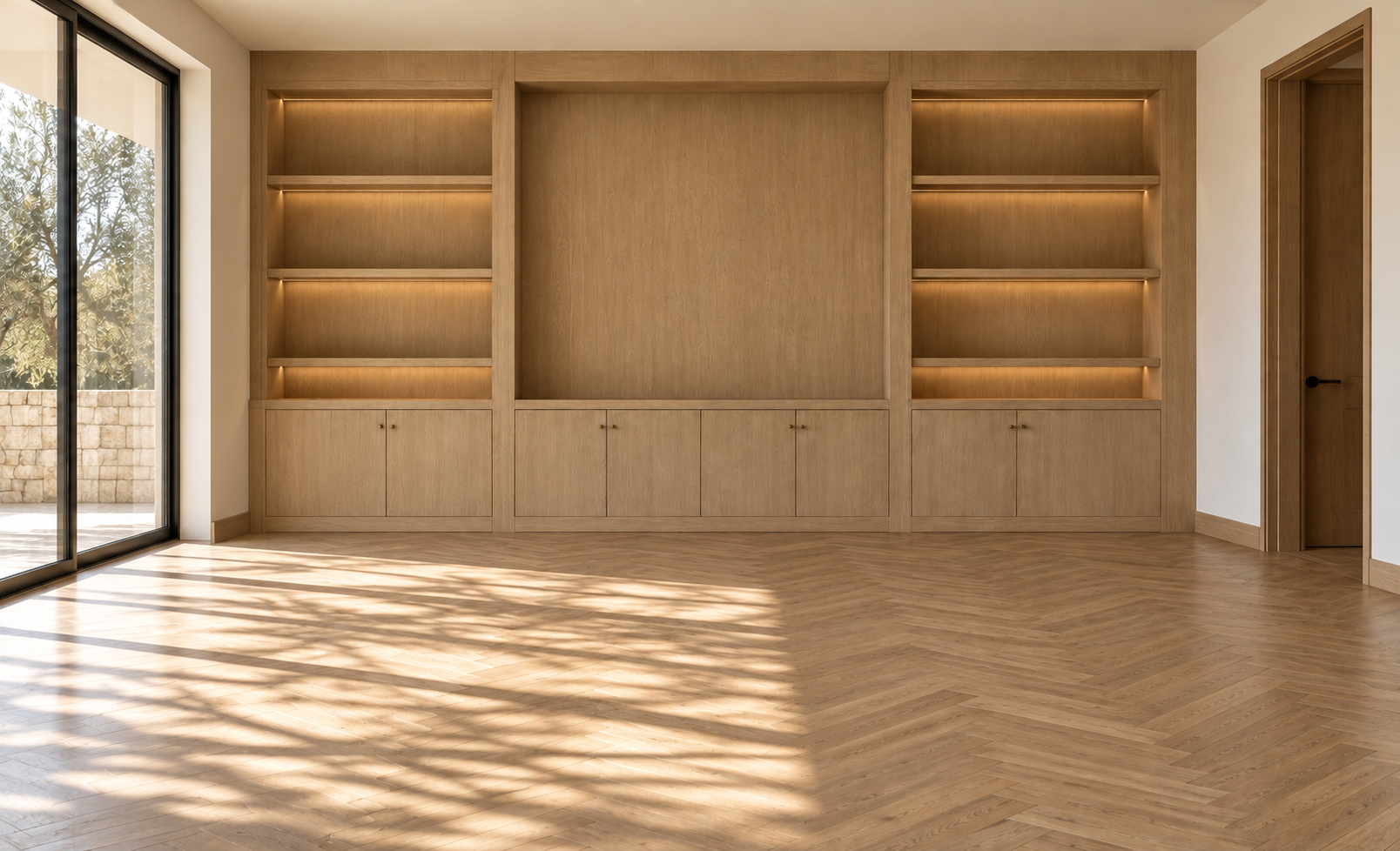 Editorial inspiration featuring a full-height oak millwork wall with illuminated shelving and integrated cabinetry