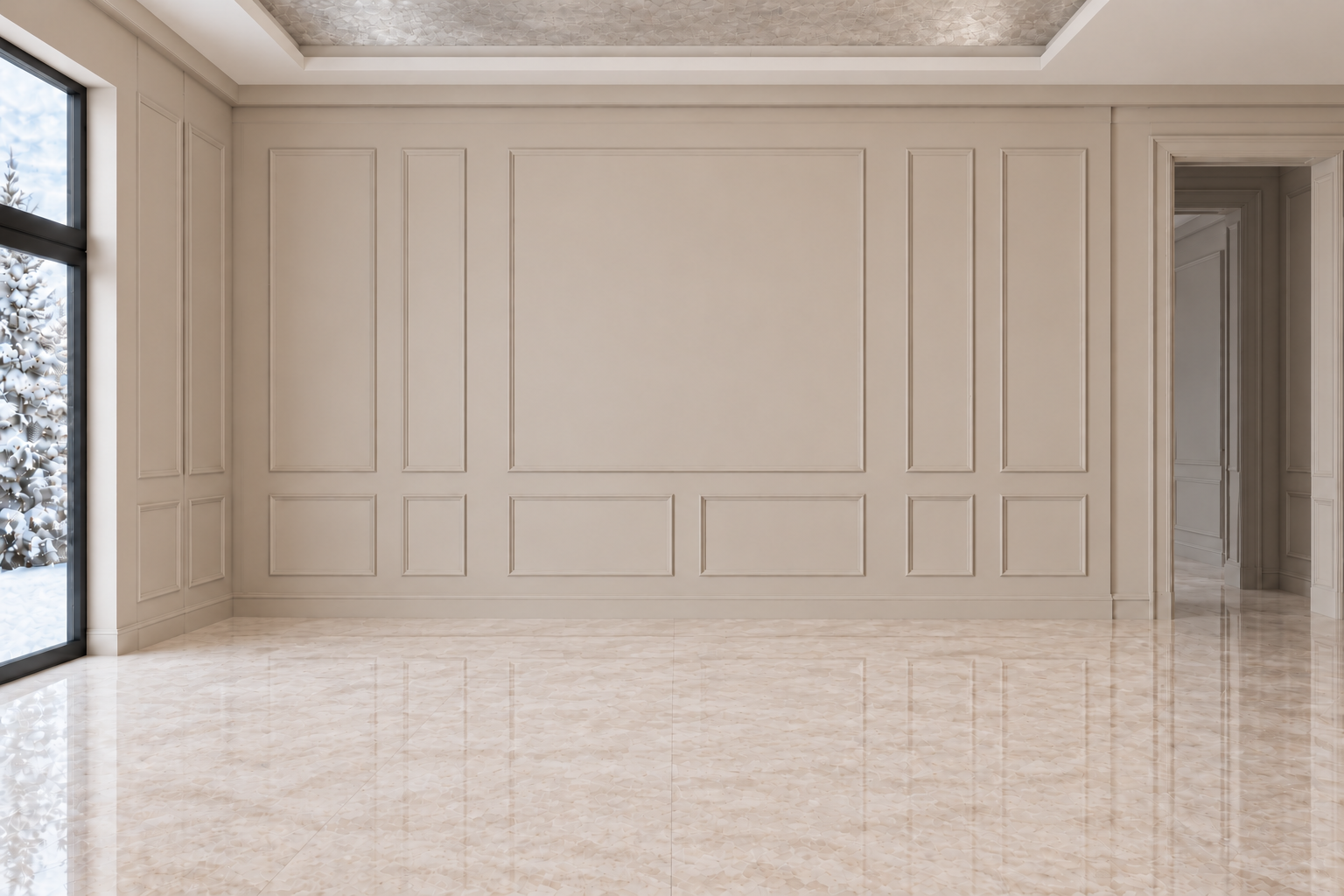 Unfurnished ivory panelled room with a luminous inset ceiling, polished stone floor, and snowy garden views