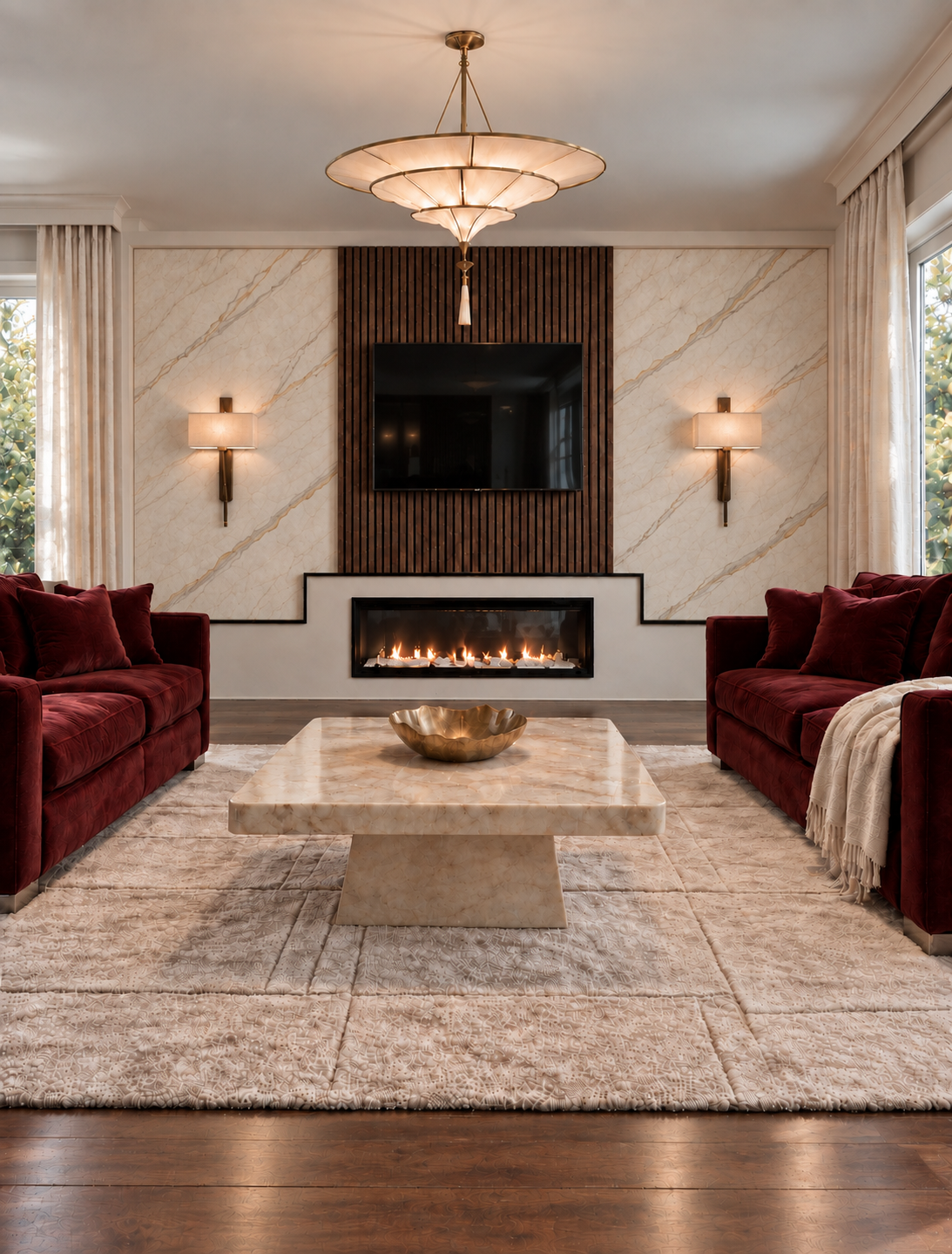 Finished fireplace lounge after styling with burgundy velvet seating, a sculptural stone table, drapery, and layered lighting