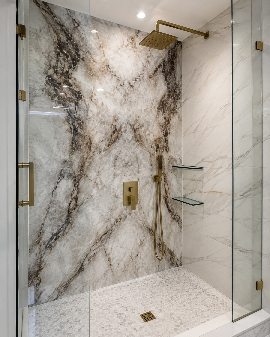 Marble shower with bookmatched stone walls, brass fixtures, and glass enclosure