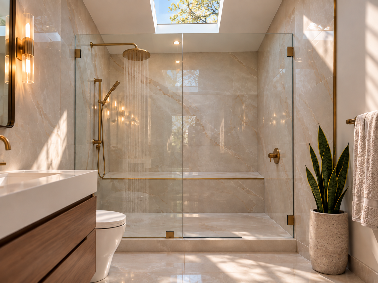 Sunlit marble bathroom with a skylight, clear glass shower and warm brass fixtures