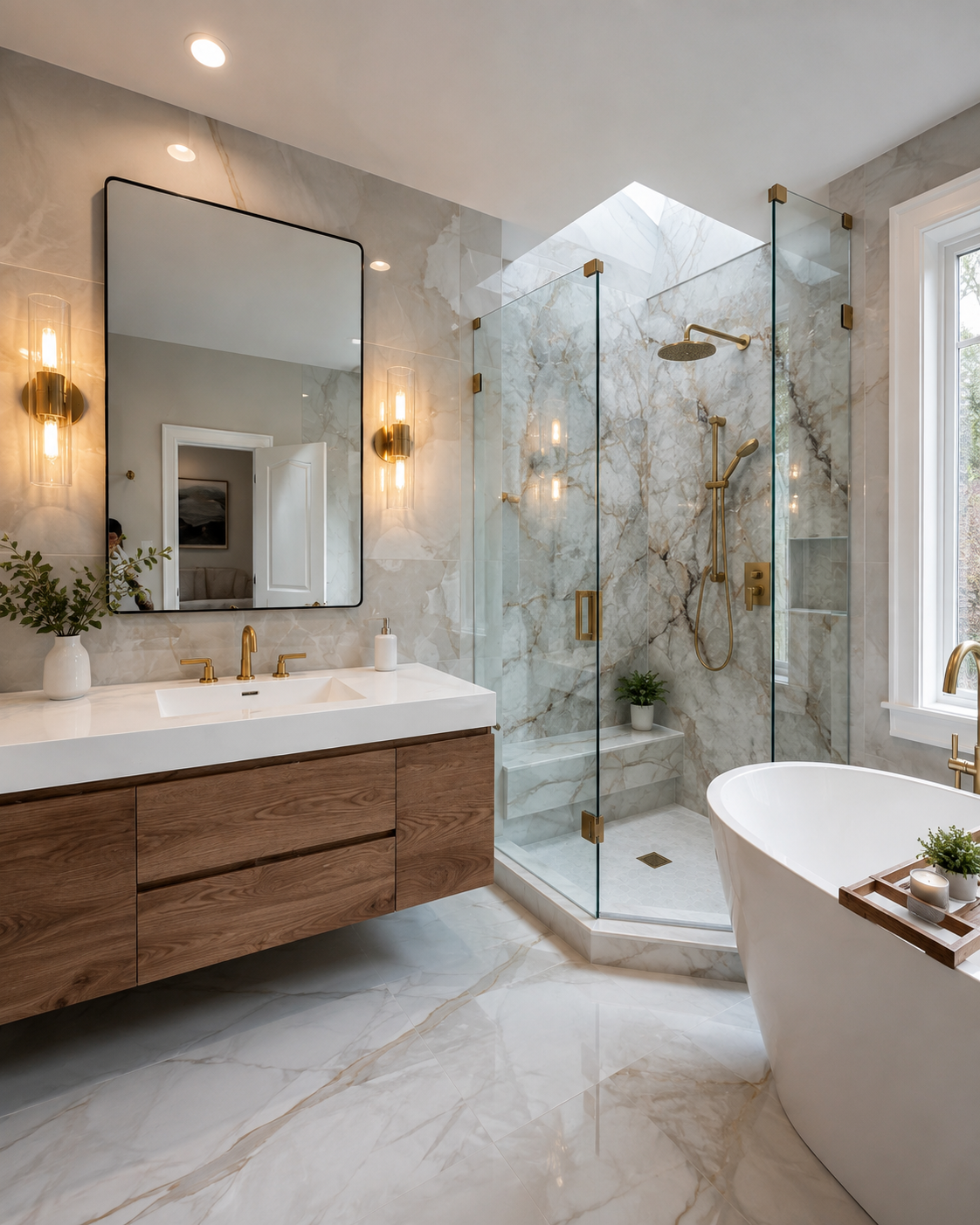 Marble bathroom with a floating walnut vanity, brass sconces, glass shower, and freestanding tub