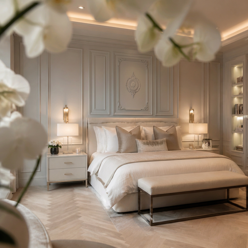 Soft blue bedroom with an upholstered bed dressed in cream bedding, white orchids in the foreground, and a small vase of white flowers on the bedside table