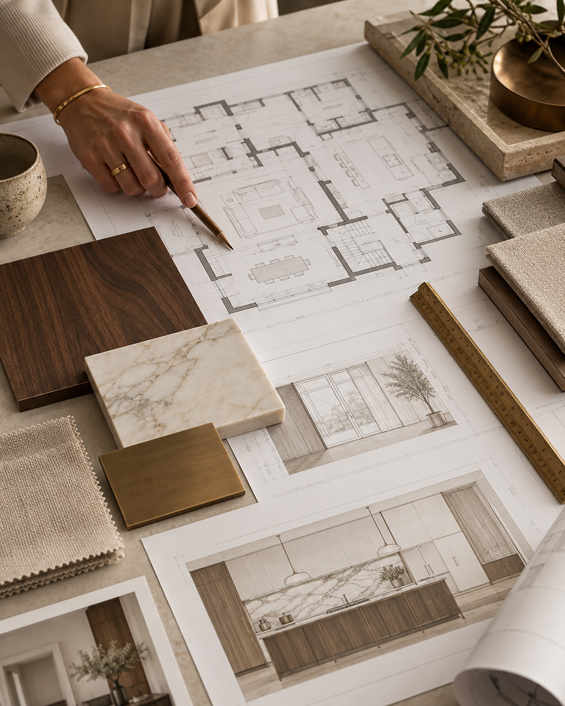 Architectural floor plans and elevations laid out on a walnut worktable with walnut, stone, linen and warm brass samples, a hand resting on the drawings.