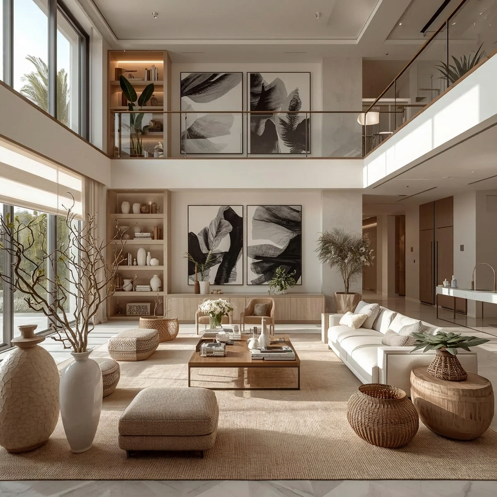 Double-height living space with a mezzanine, tall windows, warm neutral furnishings, and light-wood built-ins