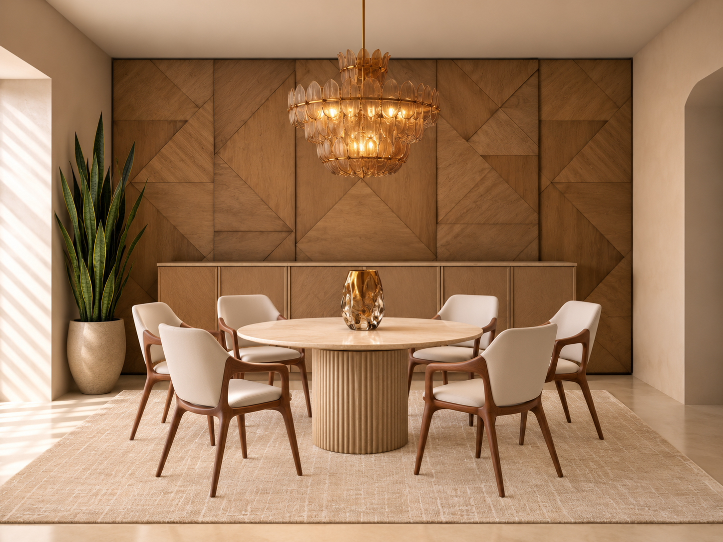 Dining room with a sculptural geometric wood feature wall, amber chandelier, round table, and cream upholstered chairs