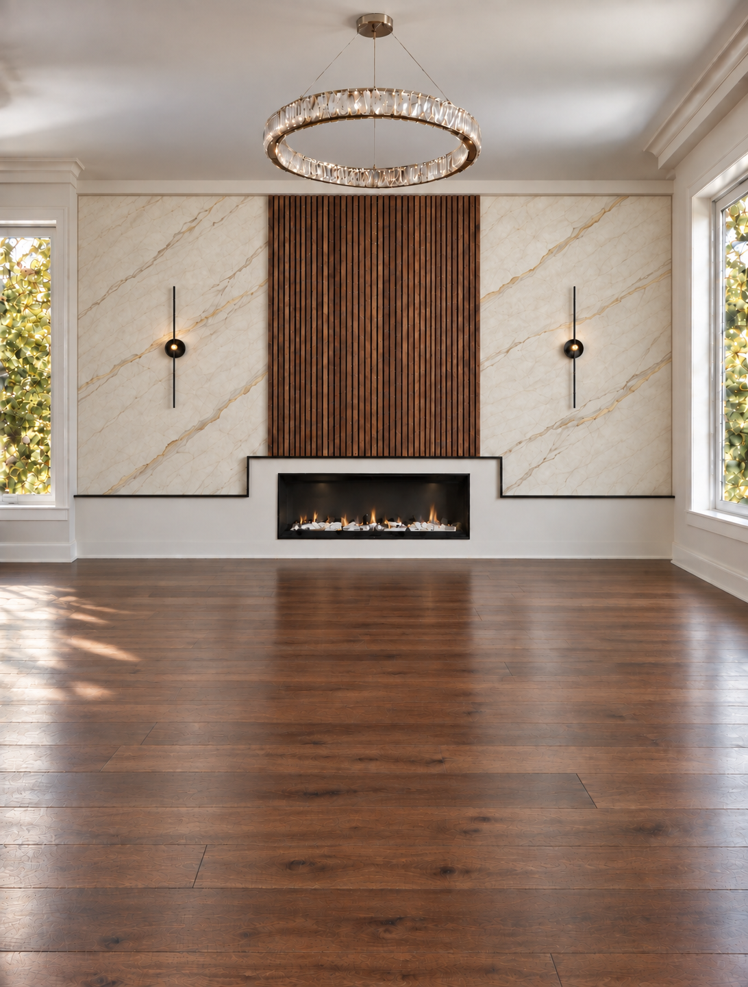 Unfurnished fireplace lounge after the remodel with marble wall panels, walnut millwork, dark wood flooring, and a crystal chandelier