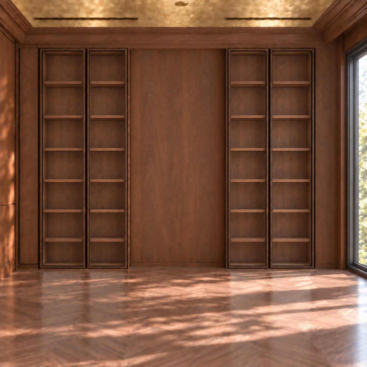 Empty wood-panelled room with full-height open shelving, integrated lower cabinetry, and a centred doorway