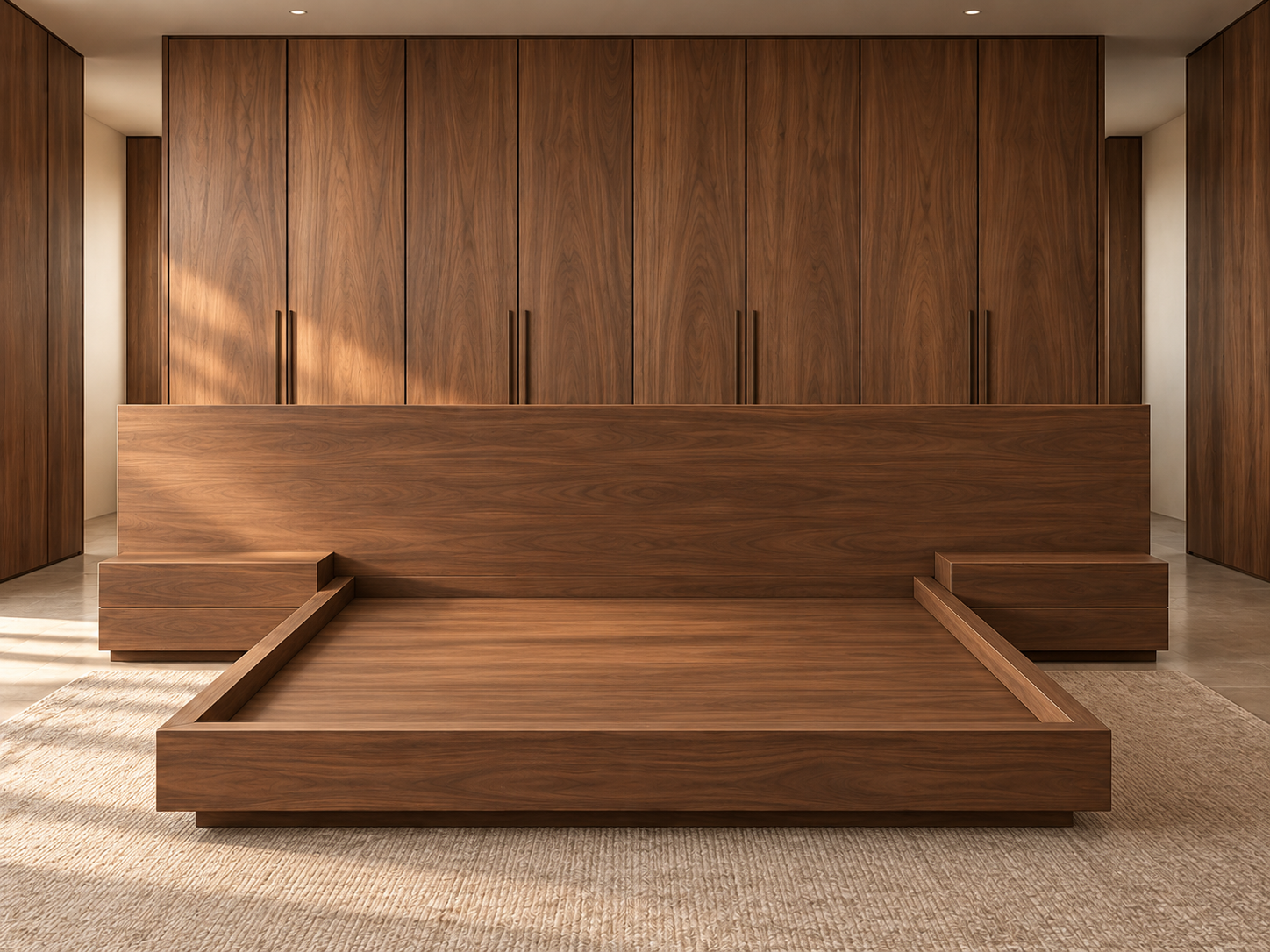 Walnut bedroom architecture with a low platform bed frame and full-height integrated closet doors
