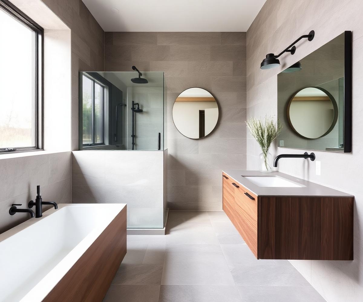 Bathroom with a tiled shower and floating vanity